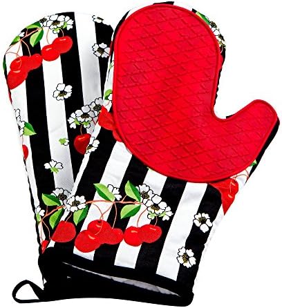 Silicone Oven Mitts Heat Resistant with Cotton Lining - Ideal for Cooking and Baking - Set of 2 (Large, Black Red)