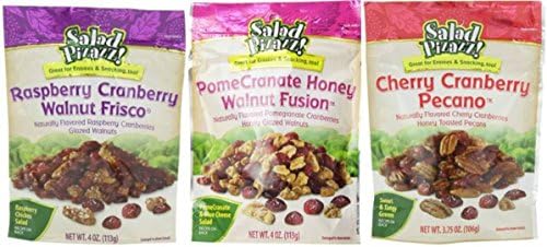 Salad Pizazz Salad Topping 3 Flavor Variety Bundle: (1) Salad Pizazz Raspberry Cranberry Walnut Frisco, (1) Salad Pizazz PomeCranate Honey Walnut Fusion, and (1) Salad Pizazz Cherry Cranberry Pecano, 3.75 - 4 Oz. Ea.