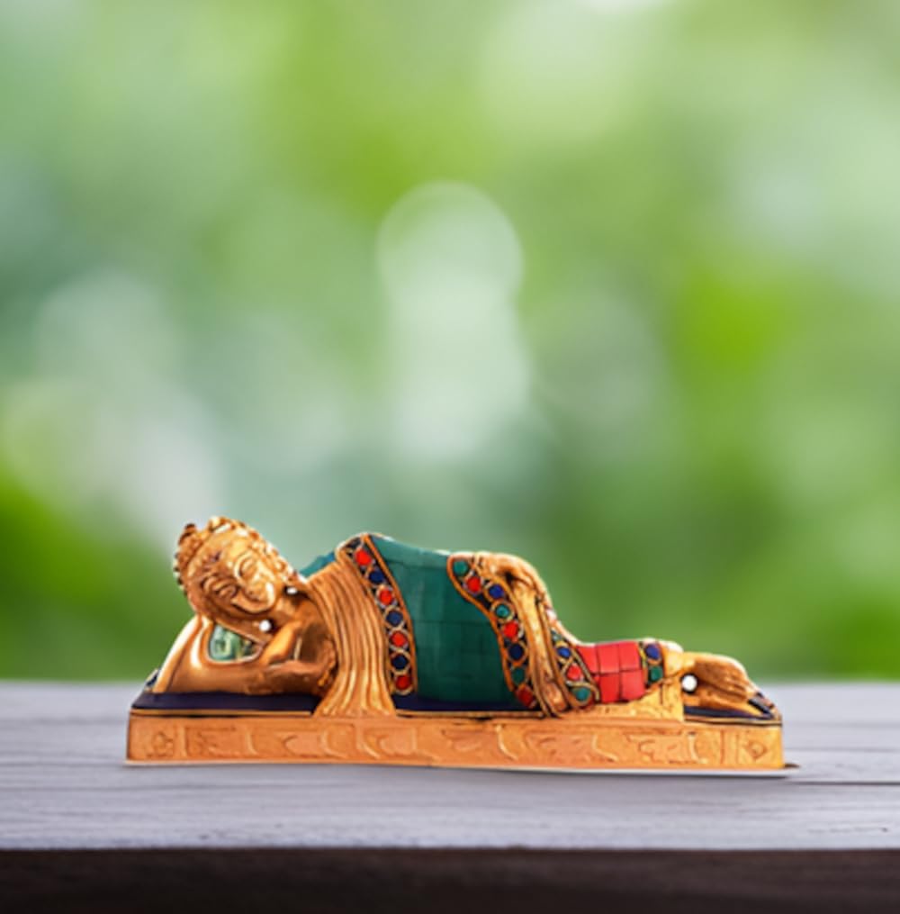 Purpledip Rare Collection Buddha Idol In Reclining/Sleeping/Resting Pose: Pure Brass Idol With Magnificient Gemstones (11089)