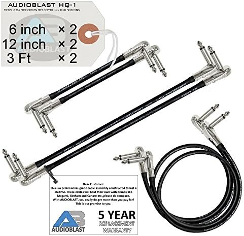 6 Inch x2 + 12 Inch x2 + 3 Foot x2 - Audioblast HQ-1 Braid(Black)-Flexible-Dual Shielded(100%)-Instrument Effects Pedal Patch Cable w/Low-Profile, R/A Pancake TS (6.35mm) Plugs & Dual Staggered Boots