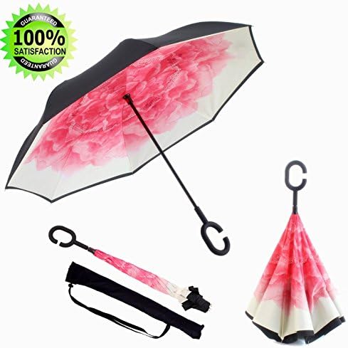 Inverted Umbrella Windproof with Carry Bag Reverse Folding Umbrella C-handle Large Pink Reversible Umbrella for Women Men (Pink Lotus)