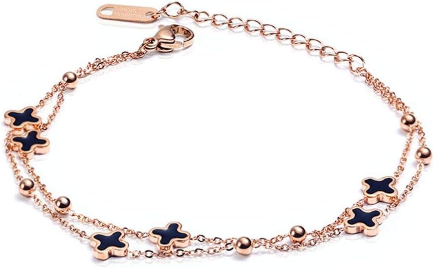 Women's Fashion Exquisite Titanium Steel Bracelet Anklet, Lucky Clover Simple and Elegant Double Chain Adjustable Bracelet Bracelet Anklet