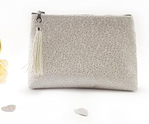 Personalized Bridesmaid Makeup Bag - Custom Bridal Shower Gift - White Vegan Leather With Floral Swirls Pattern - 9 x 7 inches