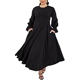 Baczoe Plus Size Maxi Dress for Curvy Women Long Puff Sleeve Crewneck Stretchy Empire Waist A-line Flowy Outfits with Pockets