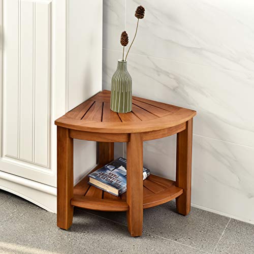WELLAND Teak Corner Shower Bench, 2Tier Storage Shelf Wood Shower
