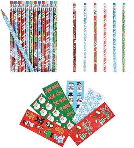 Cute Set of 60 Christmas/Holiday Party Favors ~ 1 Dozen (12) Christmas Pencils & 48 Holiday Sticker Sheets ~ Favors Craft Giveaways Classroom Teacher Student Rewards Prizes