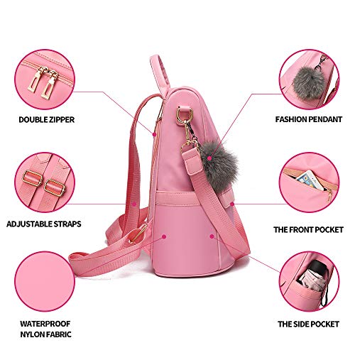 Women Backpack Purse Nylon Anti-theft Fashion Casual Lightweight Travel School Shoulder Bag (Pink) - Thumbnail 5