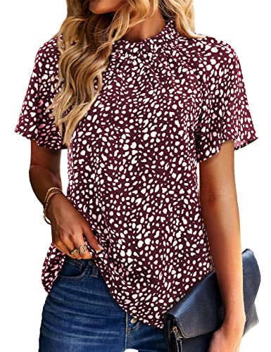 AMORETU WOMEN LEOPARD PRINT SHIRTS MOCK NECK SHORT SLEEVE BLOUSE WORK TOPS