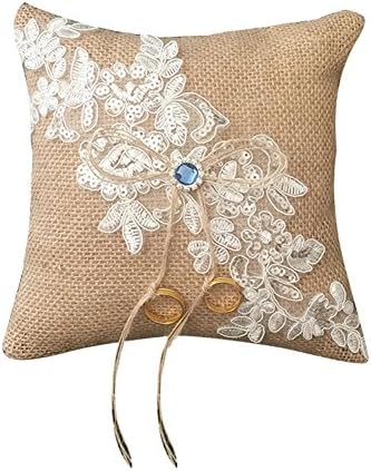 Eworld - Rhinestone Flower Wedding Party Ring Pillow Cushion- Vintage Burlap Lace Buds Faux Rhinestone Decor Bridal Wedding Ceramony Pocket with Ribbons