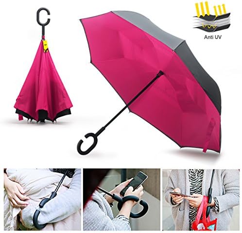 MOZON Double Layer Reverse umbrella for Windproof & UV protection Rose Red