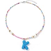 ZShireeyBlackey Colorful Beaded Initial Necklace for Women, 3D Rose Textured Bubble Letter Necklace, Personalized Y2K Aesthetic Boho Beaded Choker, Cute Alphabet Name Jewelry Gift, 16+2"