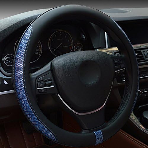 XuanMax Universal Snake Grain Microfiber Leather Car Steering Wheel Cover Vehicle Anti Slip Steering Wheel Sleeve Protector Breathable Steering Wheel Wrap Stitching Auto Steering Wheel Glove 38cm - Blue