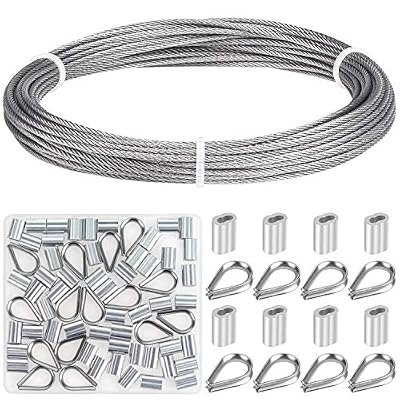Favordrory Cable Railing Kits Includes 1/16 Inch x 33 Feet 304 Stainless Steel Wire Rope Cable, 50 Pieces Aluminum Crimping Sleeves and 12 Pieces Thimble for Railing, Decking, Picture Hanging