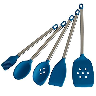 Silicone Spatula Set, YYP Silicone Cooking Set - Spatula, Slotted Turner, Basting Brush, Spoon and Slotted Spoon - Heat Resistant Silicone Kitchen Utensils with Stainless Steel Handle, Set of 5, Blue
