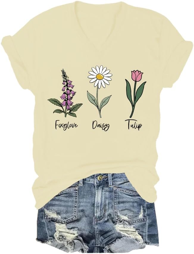 Foxglove Freesia Daisy Tulip Shirt Long Sleeve Vneck Flower Floral
