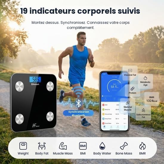 HFitness Balance Pèse-Personne Connectée 28×28 cm avec 19 Mesures Corporelles, Impédancemètre Bluetooth avec Application, IMC, Graisse Corporelle, Masse noire Musculaire et Masse Osseuse