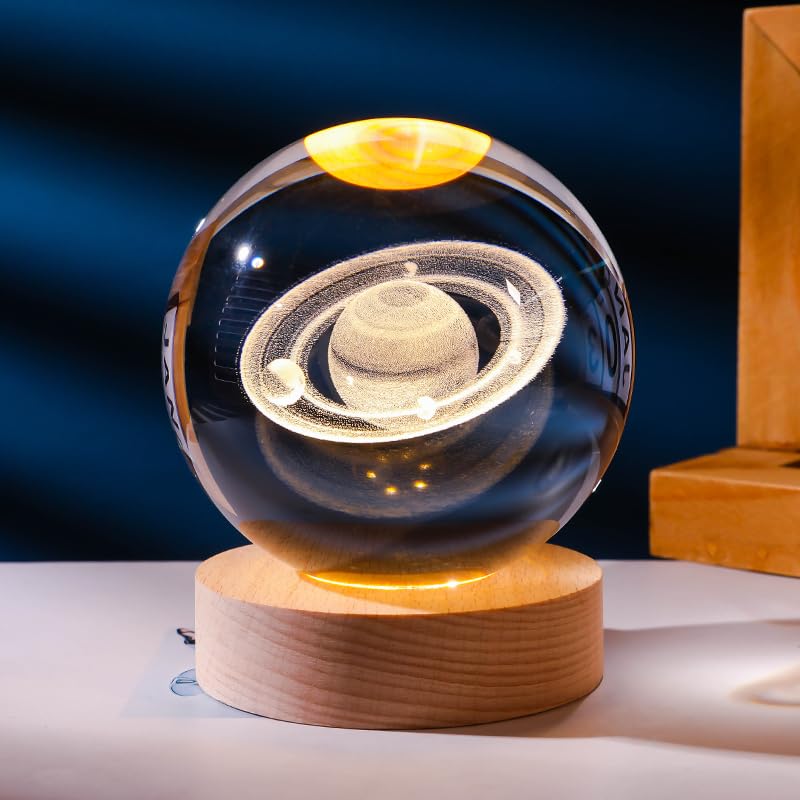 3D Saturn Planet Crystal Ball Night Light Lamp, Space Galaxy Crystal Ball with Wooden Base,3D Engraved Solar System Crystal Ball with LED Light Base Gift for Mother's Day Christmas Day,Thanksgiving