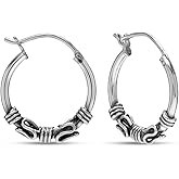 Charmsy 925 Sterling Silver Balinese Beaded Hoop Earrings for Women | Small Antique Vintage Balinese Art Inspired Boho Tribal Hoop Earring | Women's Round Shape Bali Hoops Earring