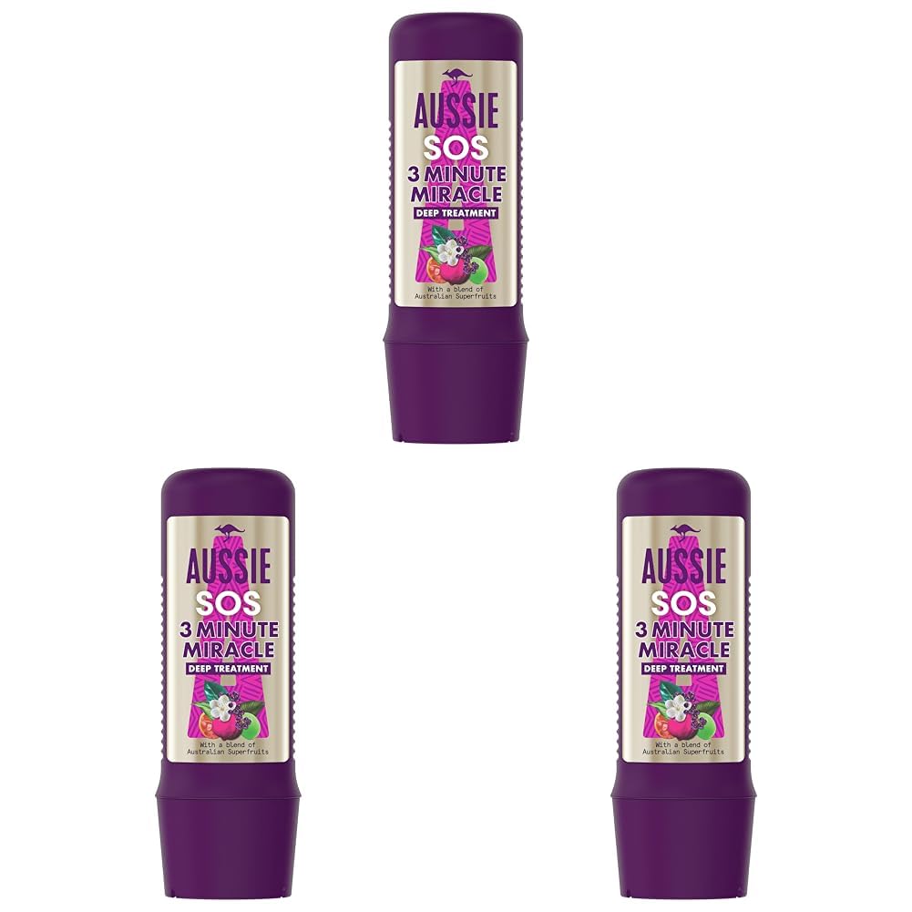 Aussie 3 Minute Miracle SOS Kiss Of Life Vegan Hair Mask, Damaged Hair Repair Treatment For Dry Damaged Hair. Repair Treatment With A Blend Of Australian Superfoods, 225ml (Pack of 3)