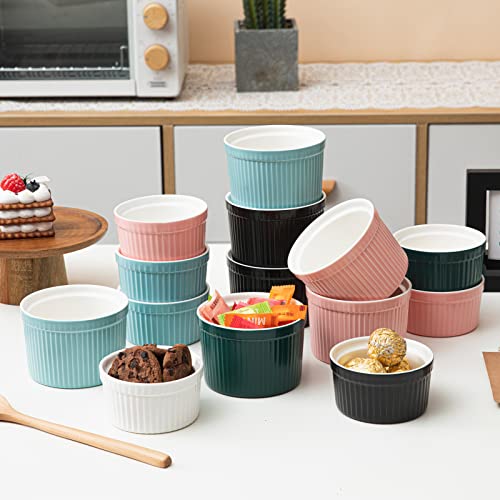 8oz Porcelain Ramekins, Candiicap Souffle Dishes Bowls for Baking, Pudding, Creme Brulee, Custard Cups, Serving Dip, Oven, Microwave and Dishwasher Safe (8oz,Matte Green)
