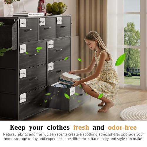 PURFINO Fabric Chest of Drawers - Dresser Canvas Organizer with 9 Large Drawers, Label Cards, Side Pocket and Hook, for Living Room, Hallway, Bedroom