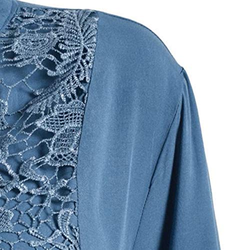 Tsmile Women V-Notch T-Shirt Elegant Pleated Plus Size Button Down Lace Patchwork Cuff Sleeve High Low Hem Tops Tee Blue