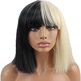 Riyang Halloween Wig Women Short Bob Kinky Straight Full Bangs Synthetic Black and Blonde