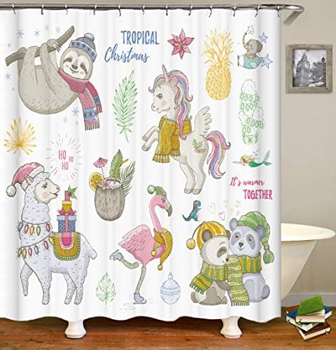 OCCIGANT Cute Animal Decor Bathroom Shower Curtain,Christmas Tropical Unicorn Sloth Flamingo Elephant Dinosaur Mermaid Hand Drawn Cartoon Illustration,Waterproof Polyester Fabric Set with Hooks
