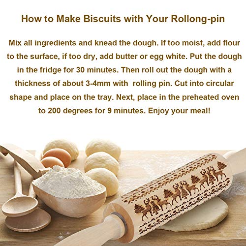 Christmas Embossing Rolling Pin Cookies Decorating Embossed Rollers Pins with Engraved Christmas Snowflakes and Deer Pattern for Baking Dough, Pie, Cookie, Fondant, Pastry, Biscuit (43X5 CM)