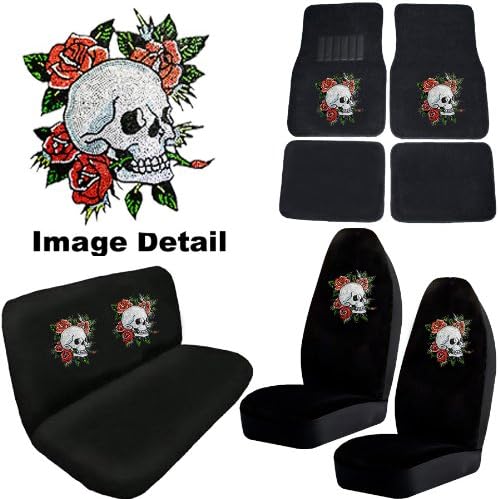 White Crystal Happy Skull w/ Red Roses Gem Crystals Studded Rhinestone Car Truck Seat Covers Mats Bench 8 Piece Combo Kit
