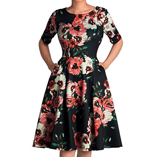 GODTLIV Women's Vintage Tea Dresses-Floral Print Fit Flared Casual Work Stretch Swing Midi Dress with Pockets 00001