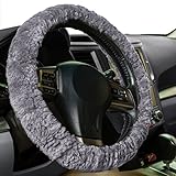 Zone Tech Plush Genuine Sheepskin Stretch- On Vehicle Steering Wheel Cover Gray Car Wheel Protector