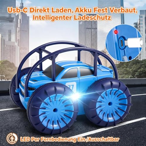 Remote Controlled Car, No Battery Change! USB-C Direct Charge, 4WD Amphibious Vehicle 15 km/h 2.4 GHz Waterproof, 360° Stunt, LED Light, Toy for Children 3-12 Years, Gift Boys Girls Outdoor