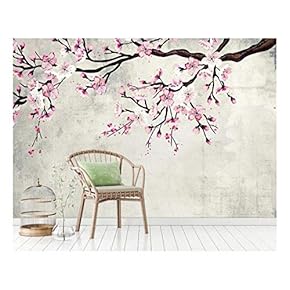 Large Wall Mural - Watercolor Style Ink Painting Pink Cherry Blossom on Vintage Wall Background | Self-Adhesive Vinyl Wallpaper/Removable Modern Wall Decor - 66x96 inches