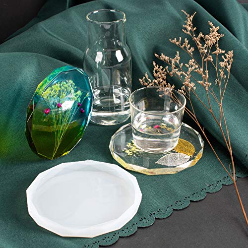 ZeMooon 4 Pack Coaster Molds for Resin Casting, Diamond Edge Round Mold, Epoxy Resin Silicone Large Tray Mold