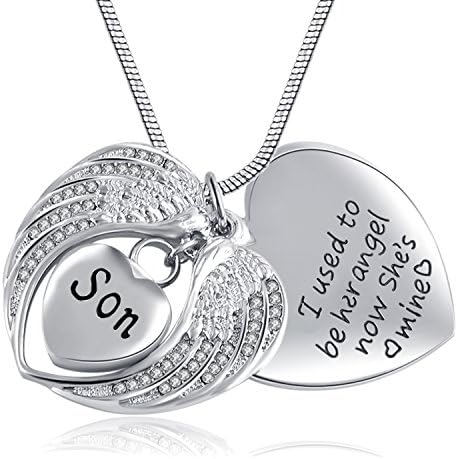Eternally Loved Unisex Angel Wing Memorial Keepsake Ashes Urn Pendant Necklace,I Used to Be His Angel Now He's Mine
