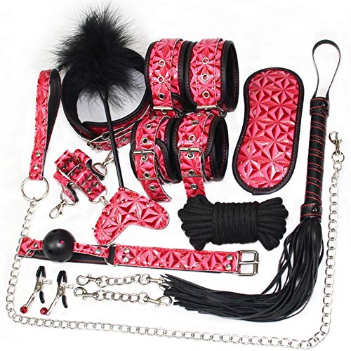 10 Piece Leather Bondage Restraints Set Kit for Bed and Under Bed Sex Play SM Bondage Toy Gear Wrist Cuffs Gags Collar Spanking Nipple Rope Strap On Harness for Women Couples Lesbian Female,Pink