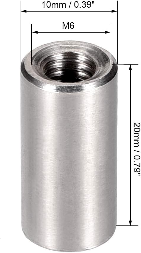 sourcing map M6 Round Connector Nuts, 304 Stainless Steel Coupling Nut 20mm/0.78inch Length,Pack of 5, Silver, M6x20mm - Image 3