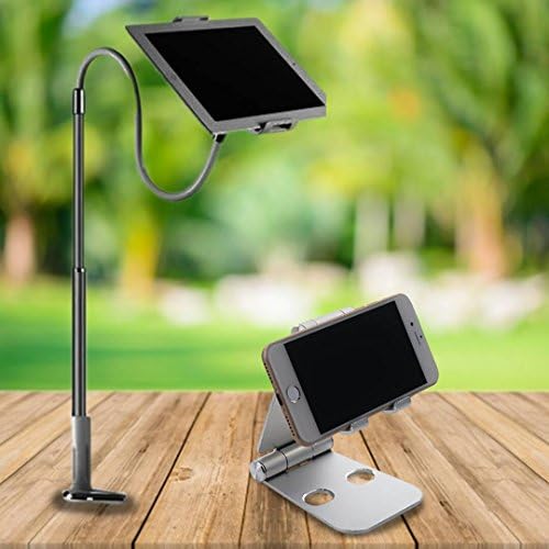 (2 in 1) Universal Flexible 360 Degree Gooseneck Extendable Mount Stands Holder Smartphone Ipad Air Mini or Samsung Tablet Switch Kindle Fire and Adjustable Clamp for Bed Desk Kitchen Table (Silver)