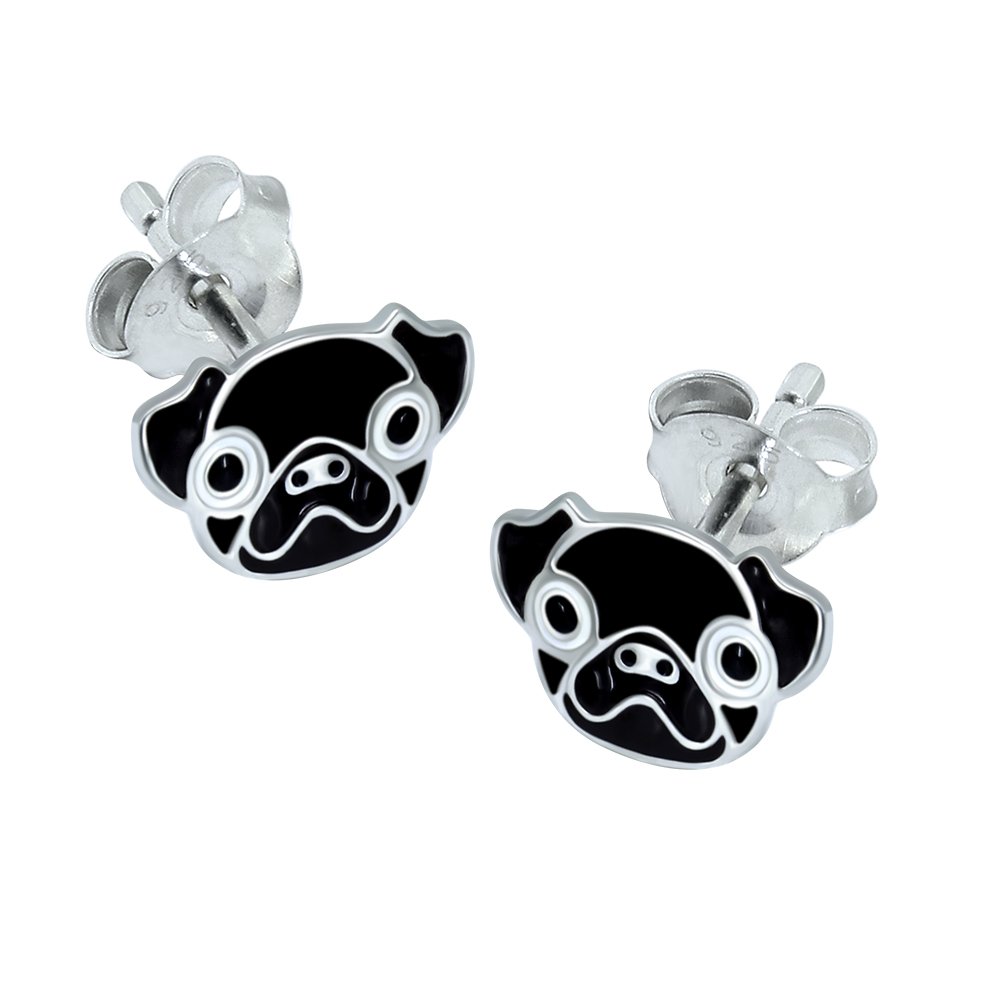 Black Pug Dog Earrings - 925 Sterling Silver