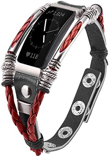 Marval.P Compatible for Fitbit Inspire Bands, Handmade Leather Inspire HR Band, Replacement Unique Bracelet, Wristbands Adjustable Size, Fashion Wrist Band Straps Women Men Lover (Hybrid Red)