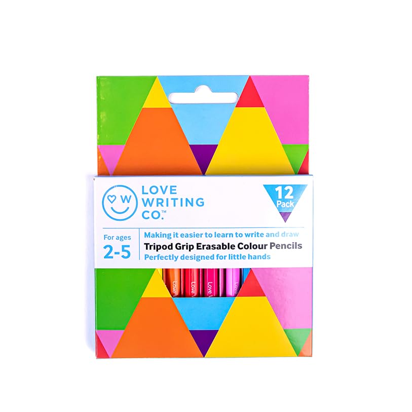 Love Writing Co. Erasable Colouring Pencils for Children | Ages 2-5 | Pack of 12 Easy Tripod Pencil Grips for Children | Soft & Vibrant Chunky Pencils For Colouring | Designed for Children's Hands