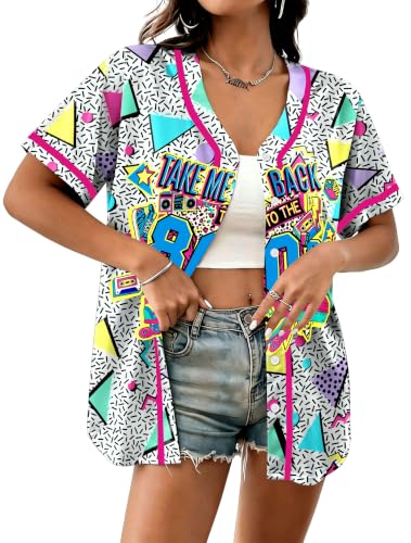 XNUIQU Womens 80s 90s Themed Party Shirts Retro Button Front Tops L D-White at Amazon