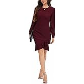 Women's Crewneck Casual Long Sleeve Sweater Dress Ruched Wrap Work Wedding Split Mini Dresses