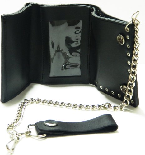 Skull Heads Desgin Biker Chain Leather Wallet Tri Fold