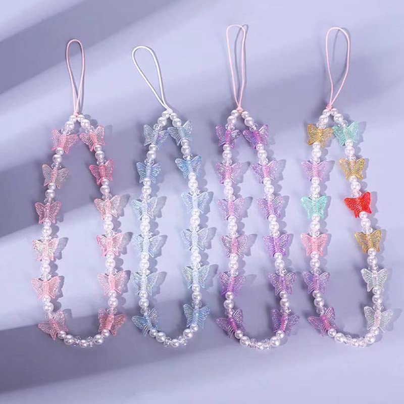 Fuqimanman2020 1-2 PCS Natural Stone Cell Phone Lanyard Strap Charms- Handmade Colorful Beaded Butterfly Charms for Women Girl, Rainbow Keychain