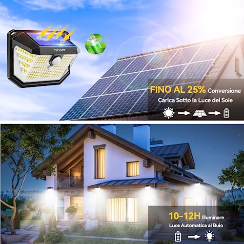 TECKNET Outdoor Solar Lights, 231 LED Solar Spotlights Outdoor, 300° Super Bright, 3 Modes with Motion Sensor, IP65 Waterproof Wall Lamp for Garden, Patio, Garage – 4 Pieces