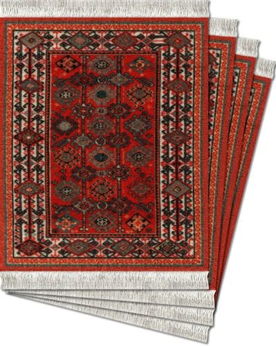 UPC 680638500020, Lextra® (Red/Geometric Shekarlu), CoasterRug®, deep orange and ivory, 5.5&quot; x 3.5&quot;, set of four