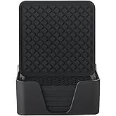Colinda Silicone Drink Coasters with Holder, Set of 6, for Tabletop Protection and Office Desk, Cup Mat Set for Home Decor, Non-Slip and Non-Stick,Square, 4 Inch，Black