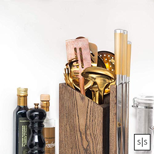 Magnetic Knife Holder and Utensil Caddy 2 in 1, Brown, Dual Purpose Design - Universal Knife Block without Knives and Wood Utensil Holder with a Farmhouse Utensil Holder Style
